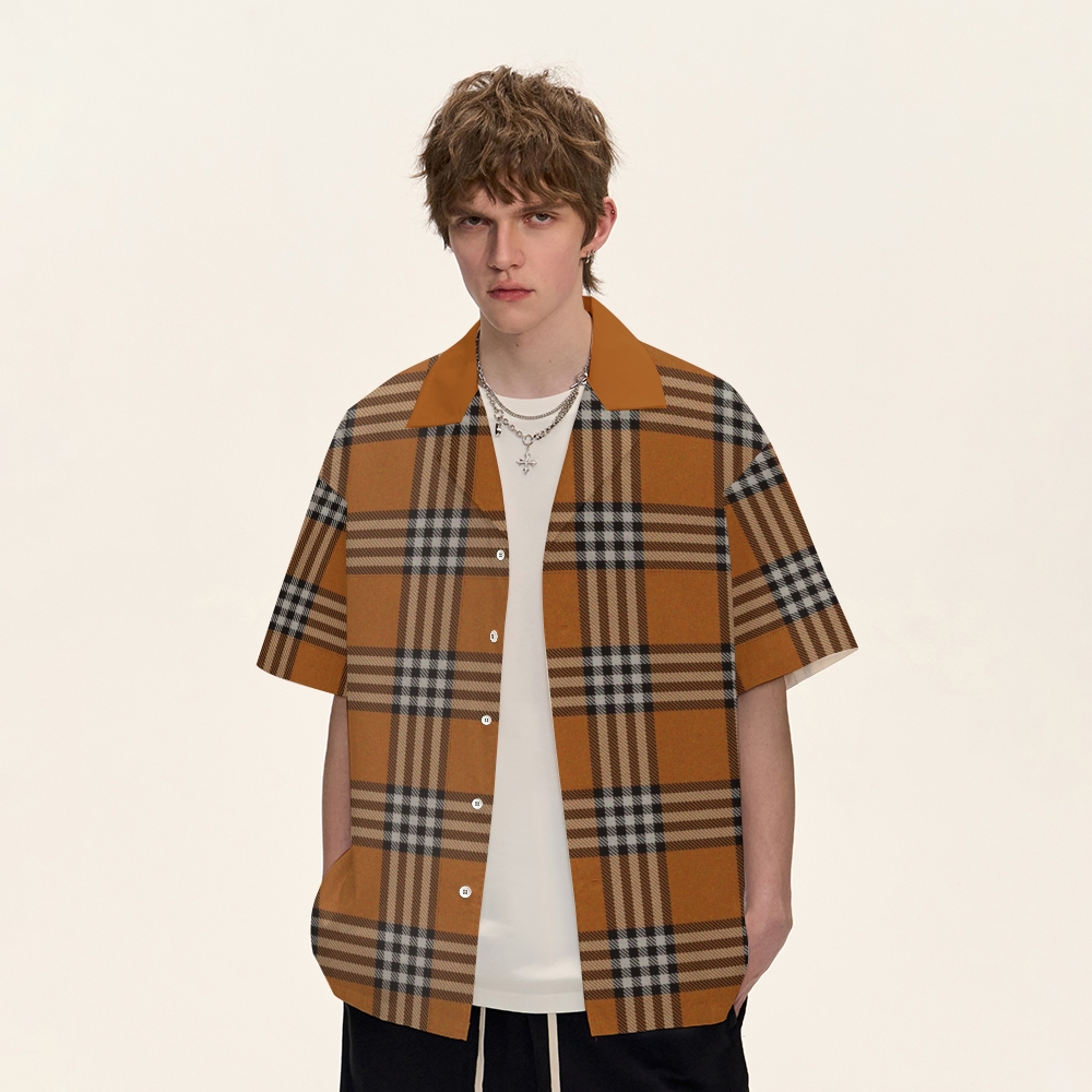 Vintage Check Cuban Collar Shirt For Men