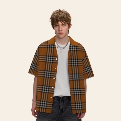 Vintage Check Cuban Collar Shirt For Men