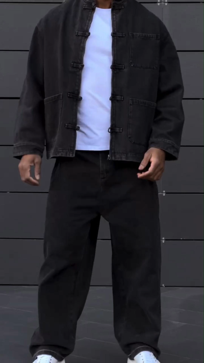 Retro Button Knot Button-Down Stand Collar Loose Casual Shirt And Pants Suit