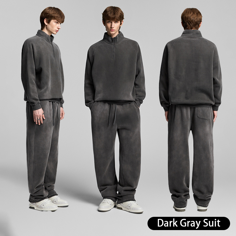 Retro Heavyweight Casual Sports Suit, 420GSM Vintage Zipper Hoodie and Sweatpants, Washed and Distressed Unisex Sportswear, Warm and Comfortable for Transitional Seasons