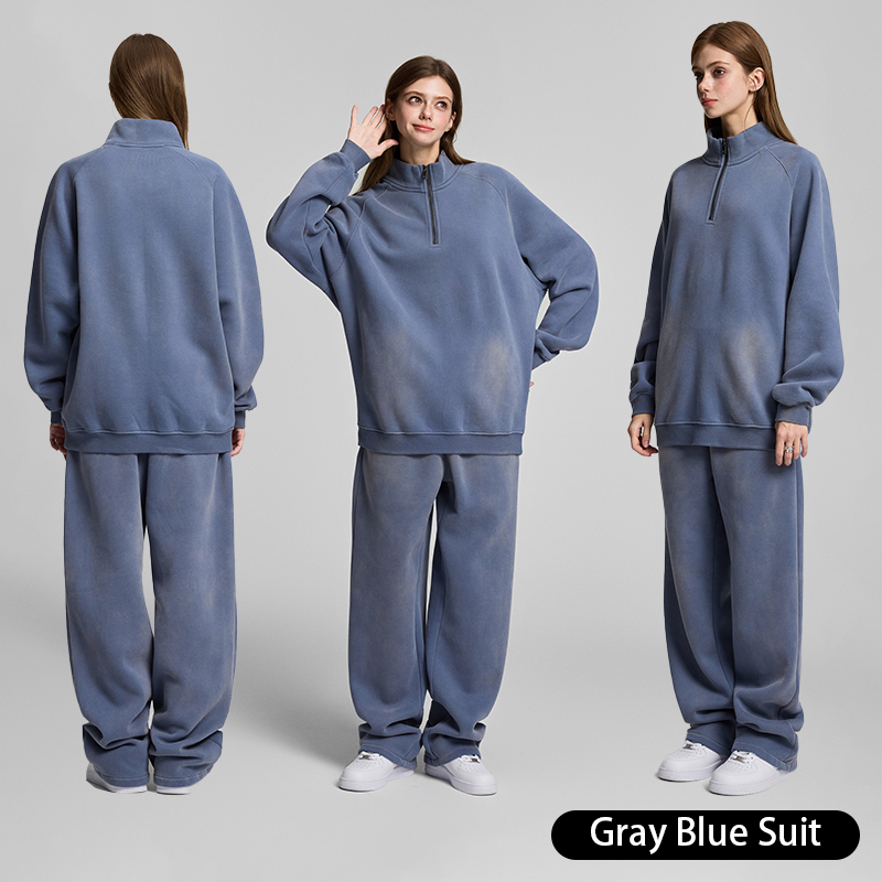 Retro Heavyweight Casual Sports Suit, 420GSM Vintage Zipper Hoodie and Sweatpants, Washed and Distressed Unisex Sportswear, Warm and Comfortable for Transitional Seasons