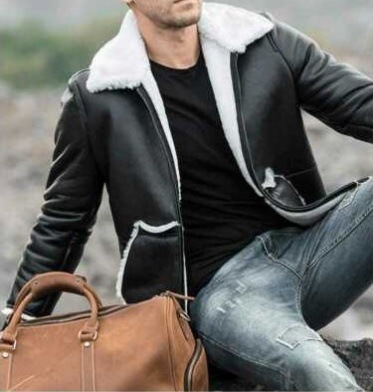 Fur integrated pocket casual threaded leather jacket