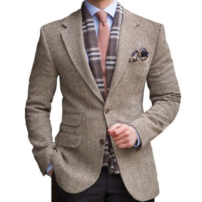 Lapel Multi-Pocket Single-Breasted Vintage Herringbone Blazer