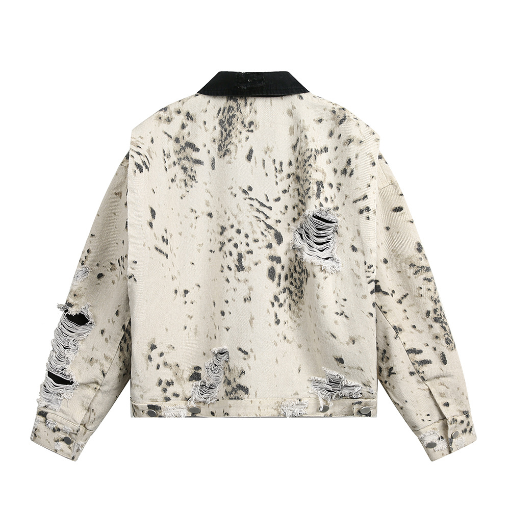 Punk Distressed Tie-Dye Leopard Print Denim Jacket For Men