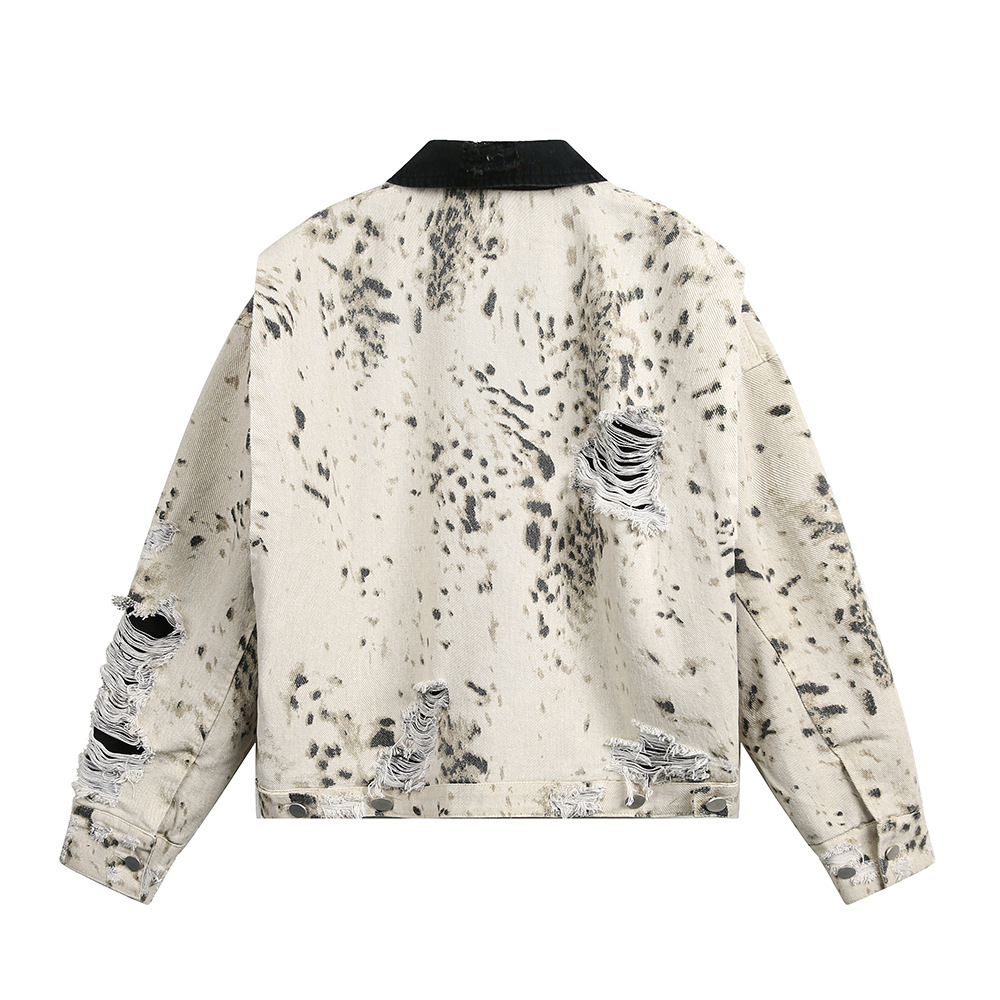 Punk Distressed Tie-Dye Leopard Print Denim Jacket For Men