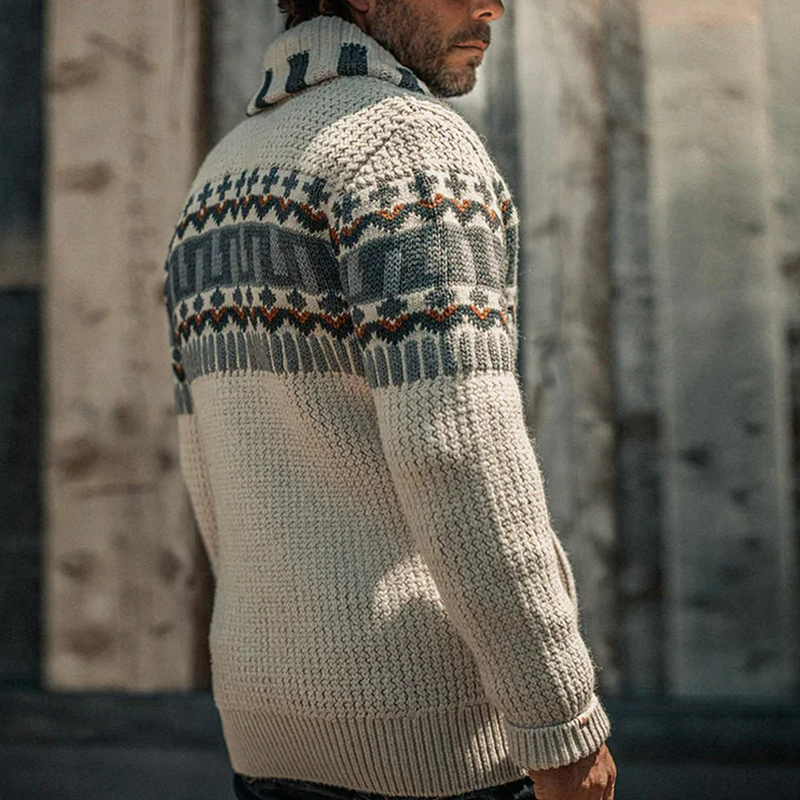 Retro Geometric Pattern Lapel Zip-Up Knitted Jacket