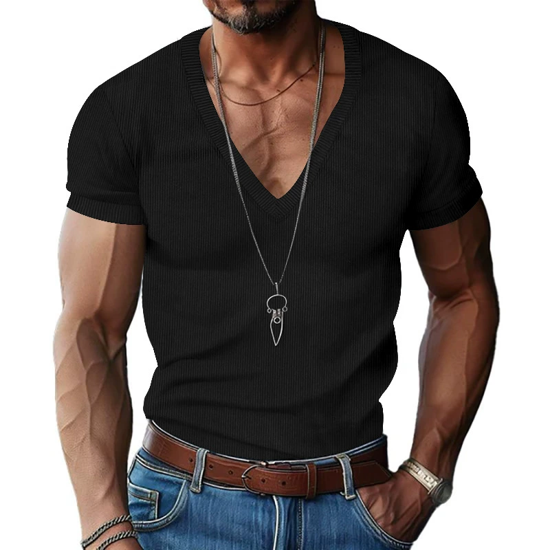 Men's Slim Fit Ribbed V-Neck Tee - Solid Breathable Summer Casual Shirt
