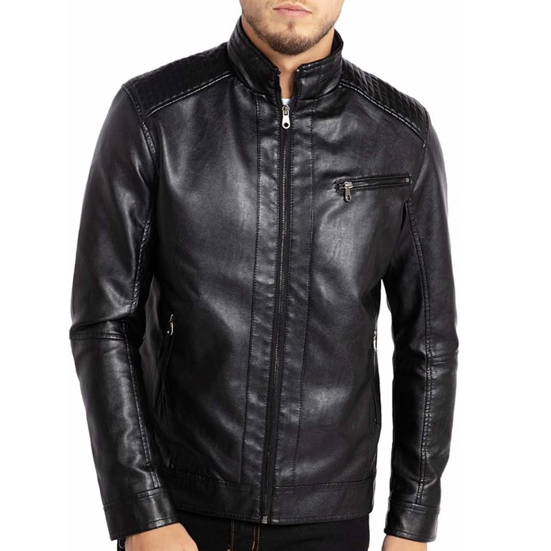 Men's Stand Collar Leather Jacket Motorcycle Lightweight Faux Leather Outwear