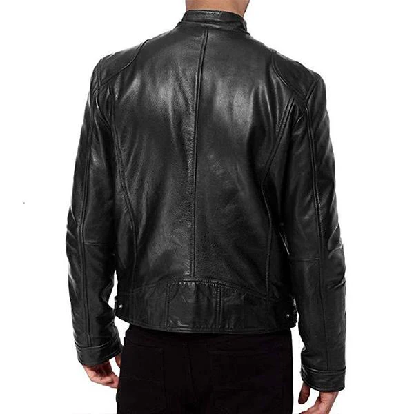 Men's Stand Collar Slim Fit Zip Pocket Leather Jacket