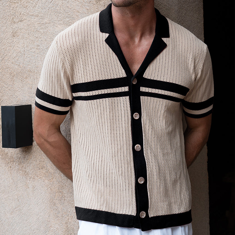Men's Knitted Short-Sleeve Blended Color Shirt With Turn-Down Collar