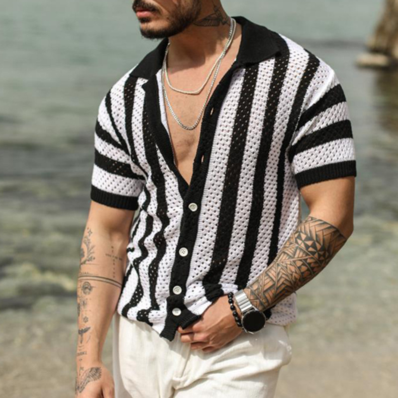 Men's Casual Loose-Fit Striped Polo Shirt