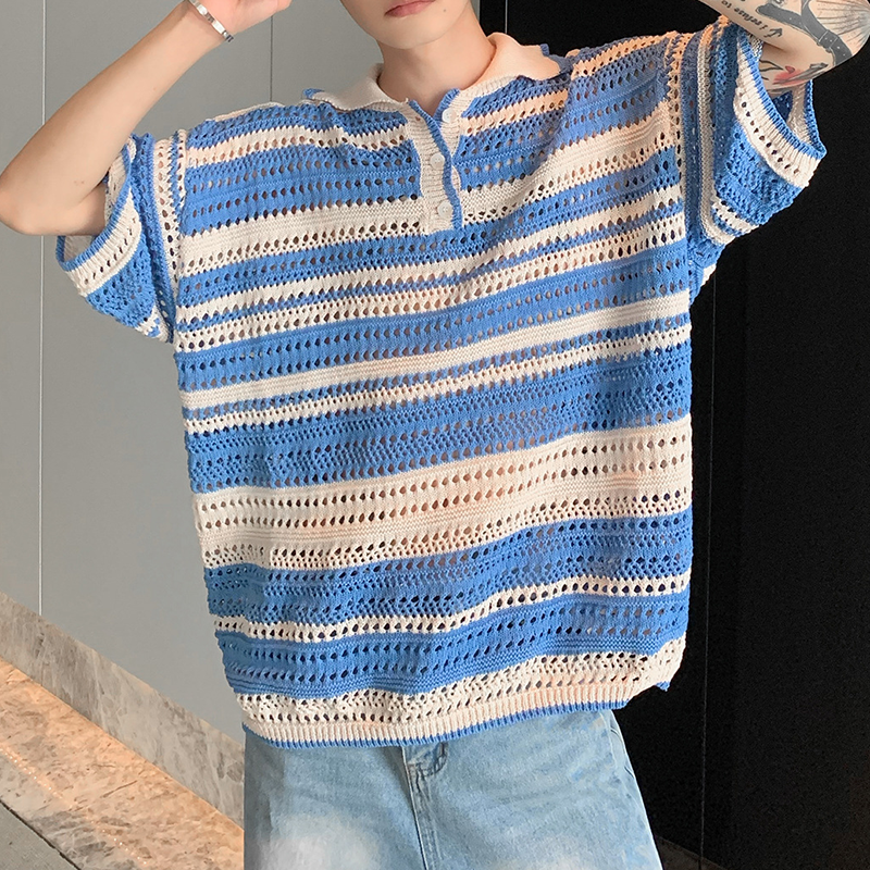 Men's Summer Vintage Striped Cutout Polo Shirt