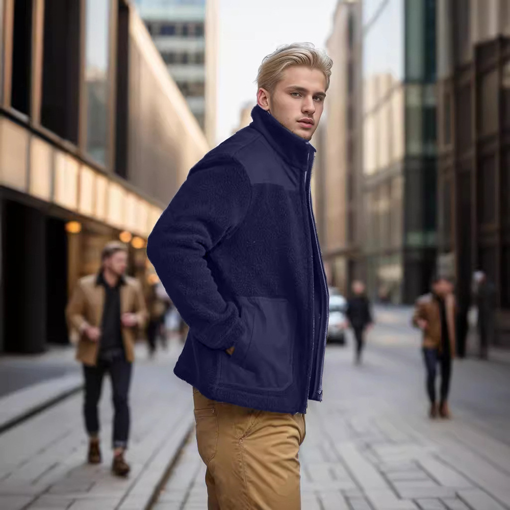 Mens Coat Fashion Patchwork Slim Fit Zip Jacket Fall Trendy Stand Collar Lightweight Warm Sport Coat with Pocket