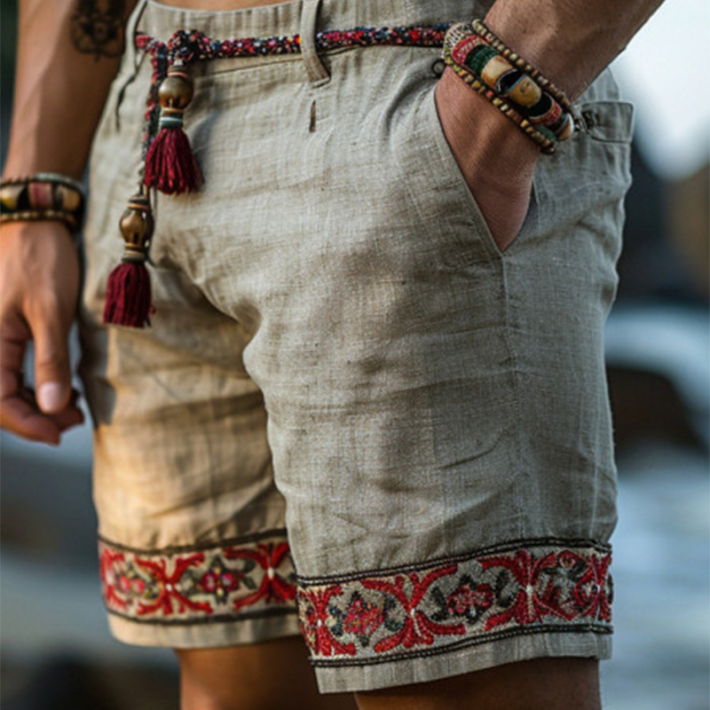 Men's Summer Retro Embroidered Cotton And Linen Shorts