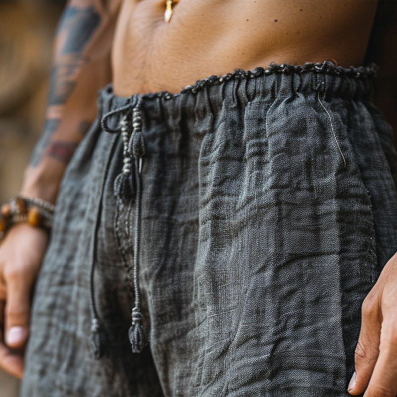 Men's Bohemian Fringe Cargo Shorts - Vintage Tribal Print Cotton Summer Casual Shorts