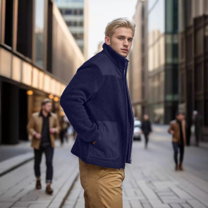 Mens Coat Fashion Patchwork Slim Fit Zip Jacket Fall Trendy Stand Collar Lightweight Warm Sport Coat with Pocket