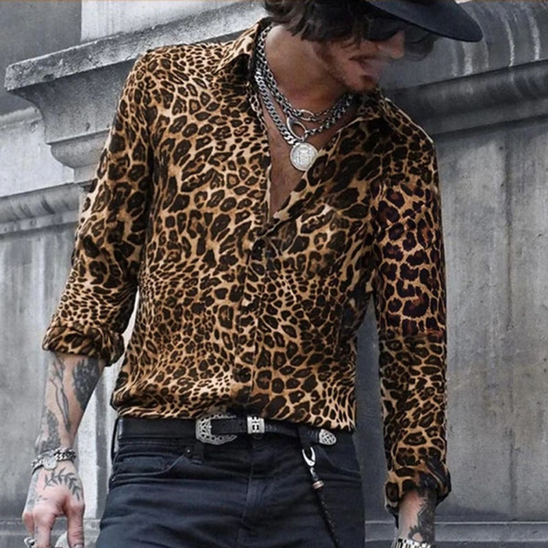 Wild & Trendy Men's Leopard Print Shirt Long Sleeve Casual Vacation Shirt