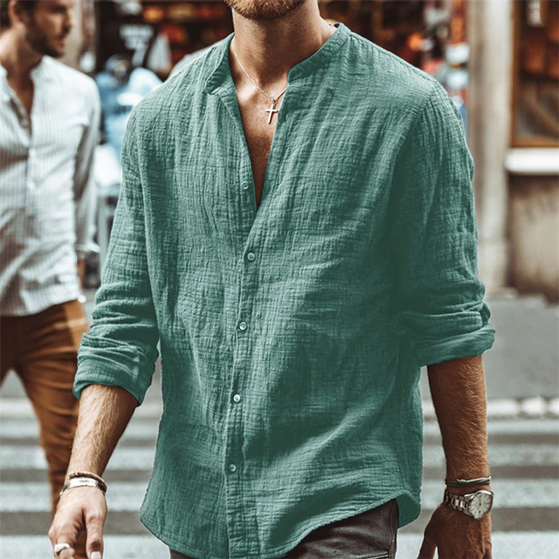 Men's Solid Casual Stand Collar Long Sleeve Shirt Linen Cardigan