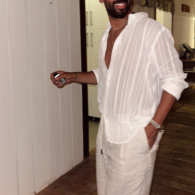 Men's White Semi-Sheer Striped Button-Down Shirt