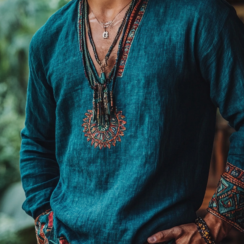 Men's Bohemian Printed Linen Shirts - Retro Ethnic Beach Vacation Shirts