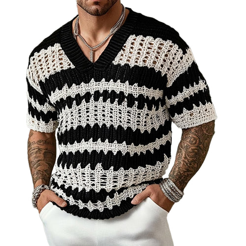 Men's Knitted Contrast Color V-neck Short-sleeved Sweater T-Shirt