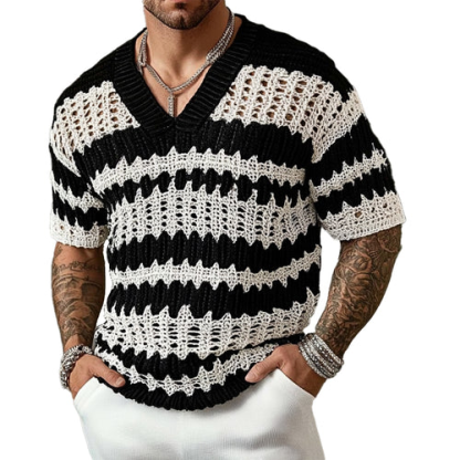 Men's Knitted Contrast Color V-neck Short-sleeved Sweater T-Shirt