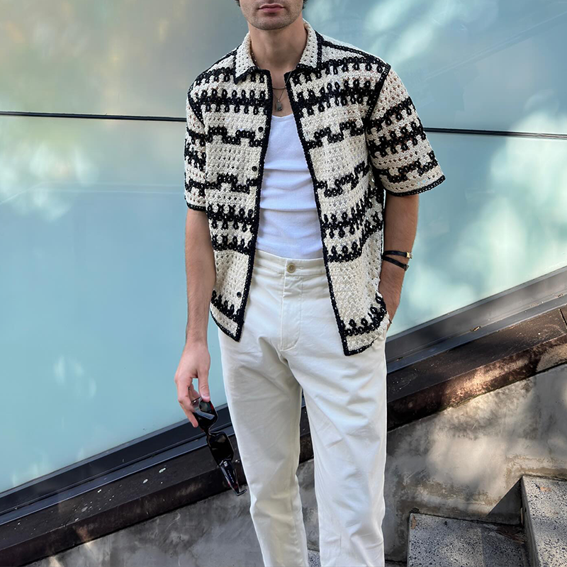 Men's Crochet Black & White Contrast Shirt, Bohemian Beach Shirt, Fashionable Y2K Hollow Top