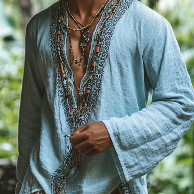 Men's Deep V Neck Vintage Bohemian Printed Linen Shirt Long Sleeve Hol