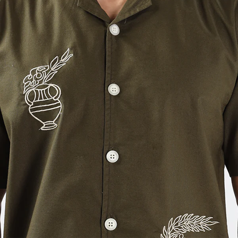 Men's Olive Green Ceramic Embroidery Shirt