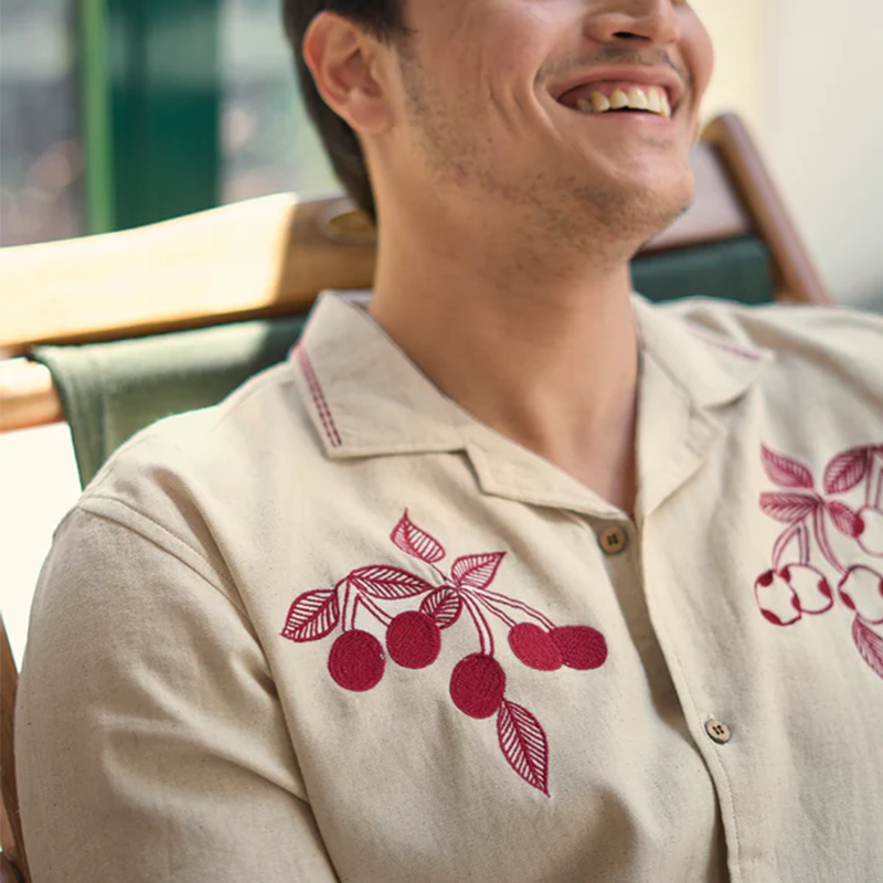 Men's Cherry Embroidery Caribbean Beige Shirt