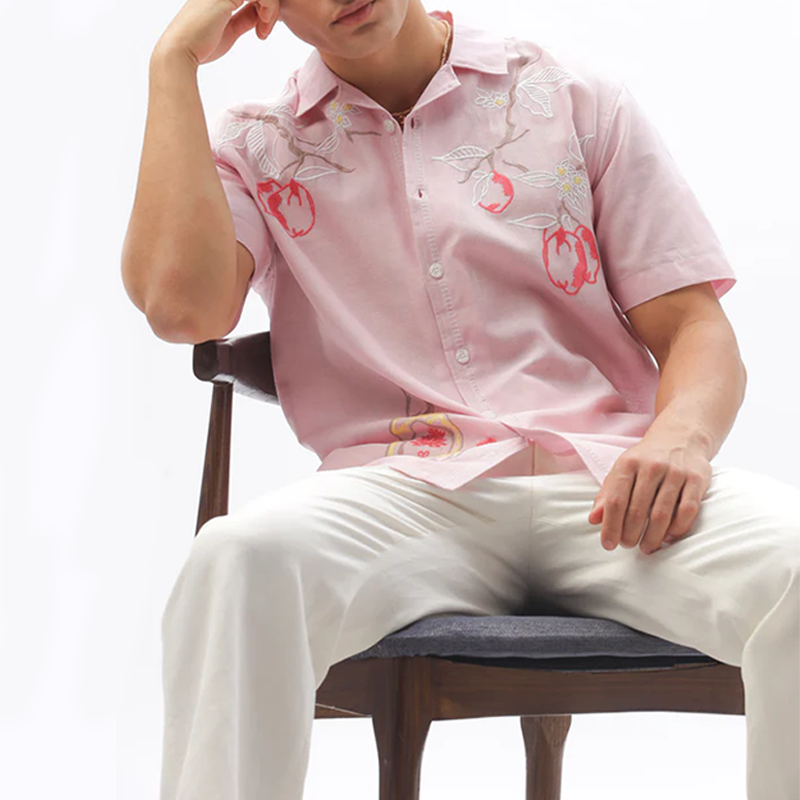 Men's Pink Floral Embroidery Casual Shirt