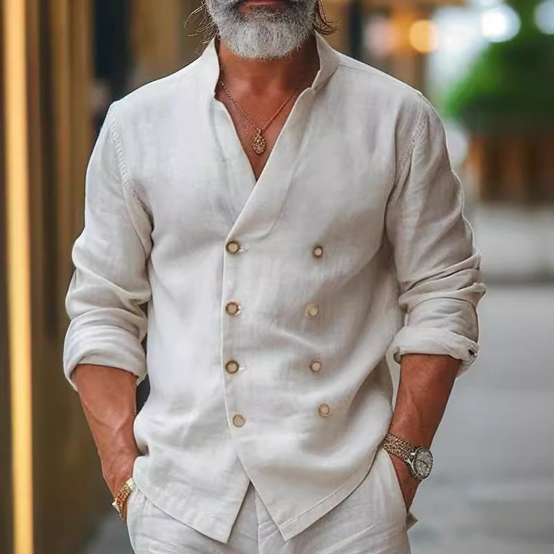 Men's Shirt Linen Shirt Button Up Shirt Band Collar Shirt Daily Clothing Apparel
