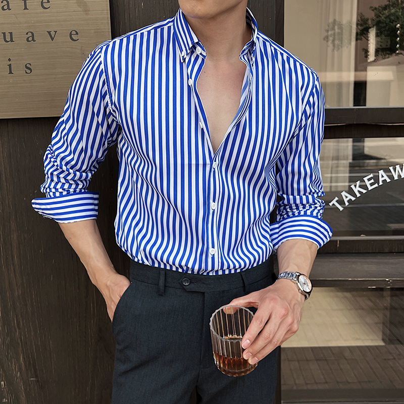 Men's Classic Blue & White Striped Long Sleeve Shirt
