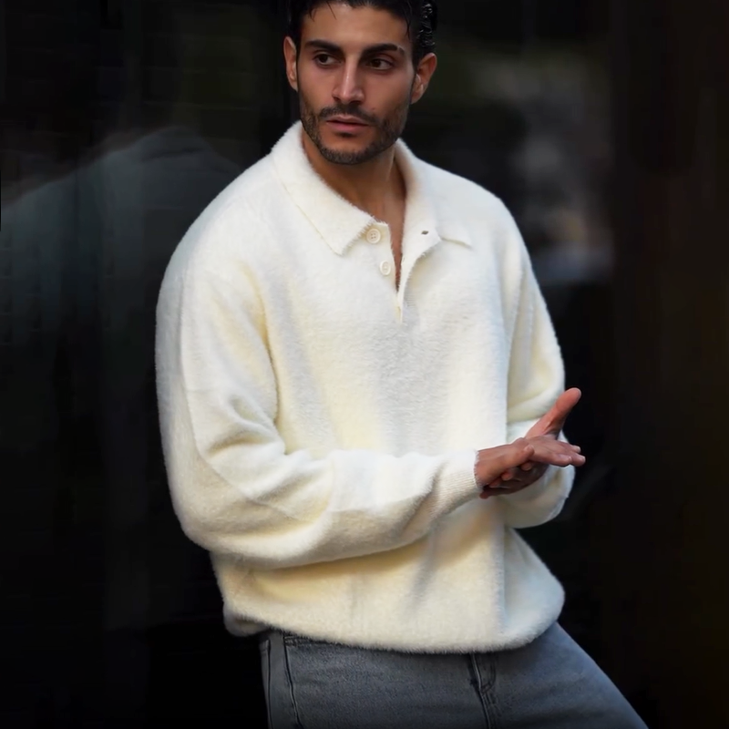 Men's Plush Knit Polo Sweater, Long Sleeve Soft Relaxed Fit Fuzzy Mock Neck Pullover, Fall Winter Casual Thermal Sweater