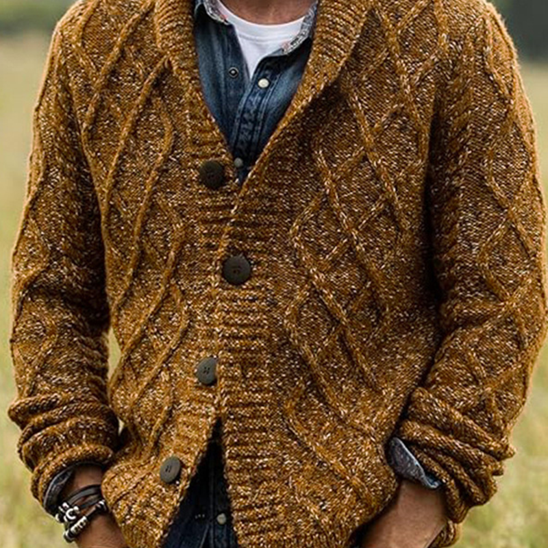 Men's Vintage Diamond-patterned Knitted Cardigan, Thickened Knitted Wool Coat for Fall and Winter