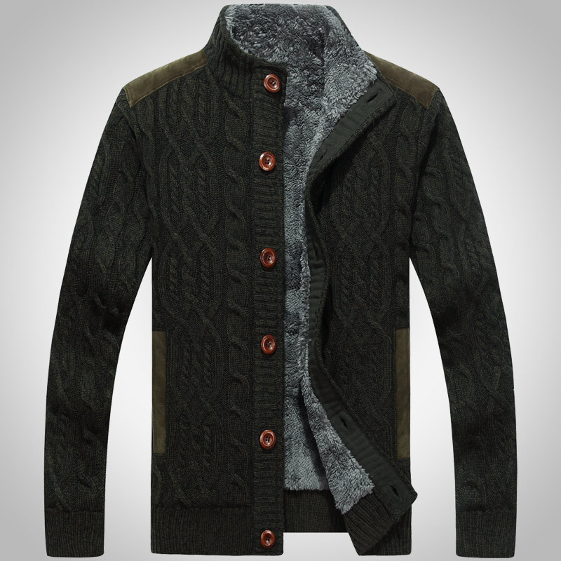 Men's Winter Warm Thick Cotton Plush Sweater Jacket, Thick & Plush Cable Knit Pullover with Stand Collar, Single Breasted Cardigan Casual Sweater Knitwear