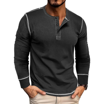 Men's Casual Colorblock Henley Collar Slim Fit Long Sleeve T-Shirt