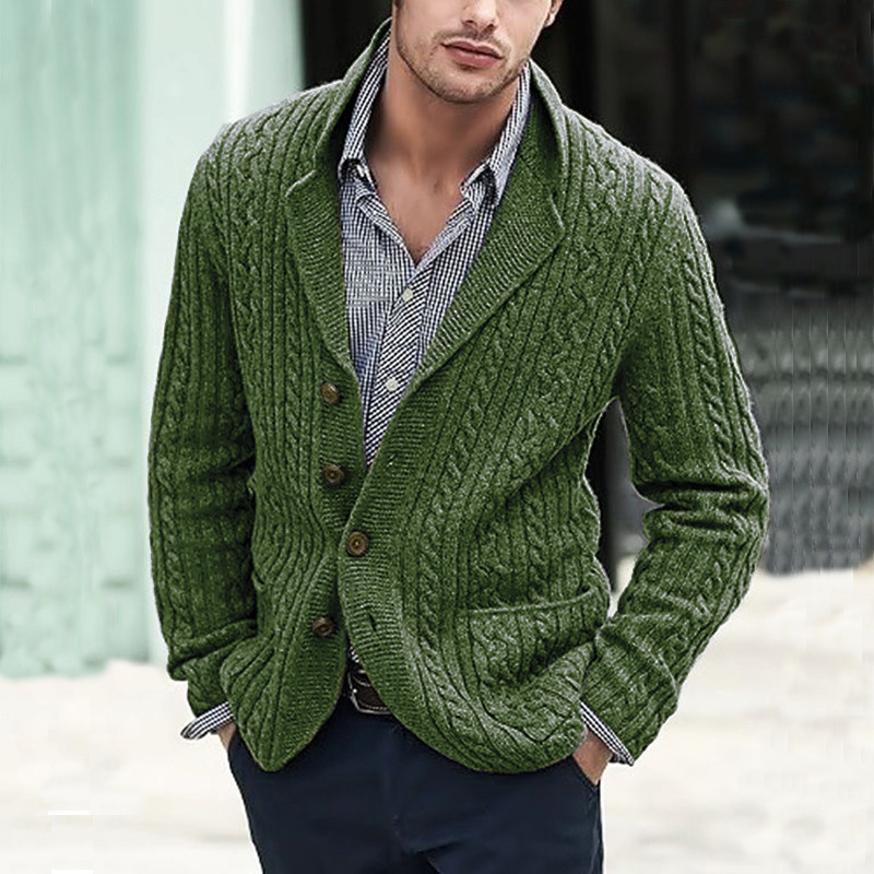 Men's Cable Knit Cardigan with Side Pockets, Retro Style Knitted Cardigan, Autumn and Winter Cable Knit Sweater, Casual Long Sleeve Lapel Cardigan for Men