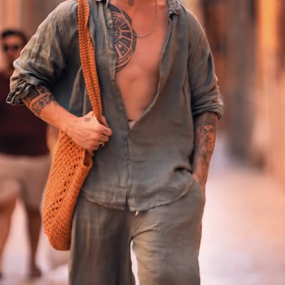 Men's Casual Linen Shirt and Pants Set, 2 Piece Linen Comfortable Outfit Co-ords for Spring & Fall