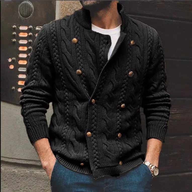 Men's 2024 Fashion Stand Collar Double Breast Knitted Sweater Cardigan 
