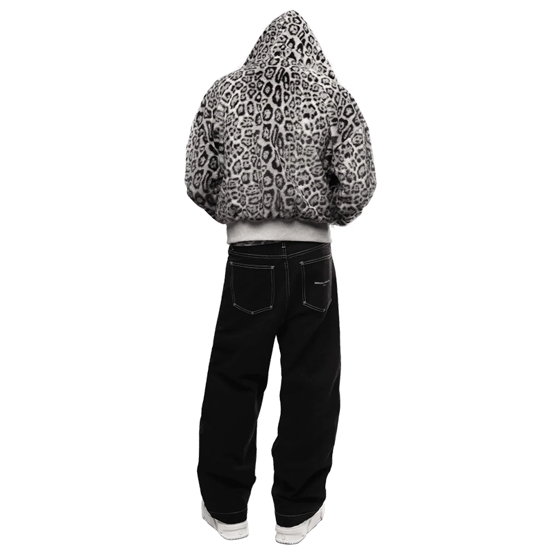2025 New Men's Zip Hoodie, Heavyweight Jacket with Leopard Print, Double-Sided Wear (Gray/Leopard Print)