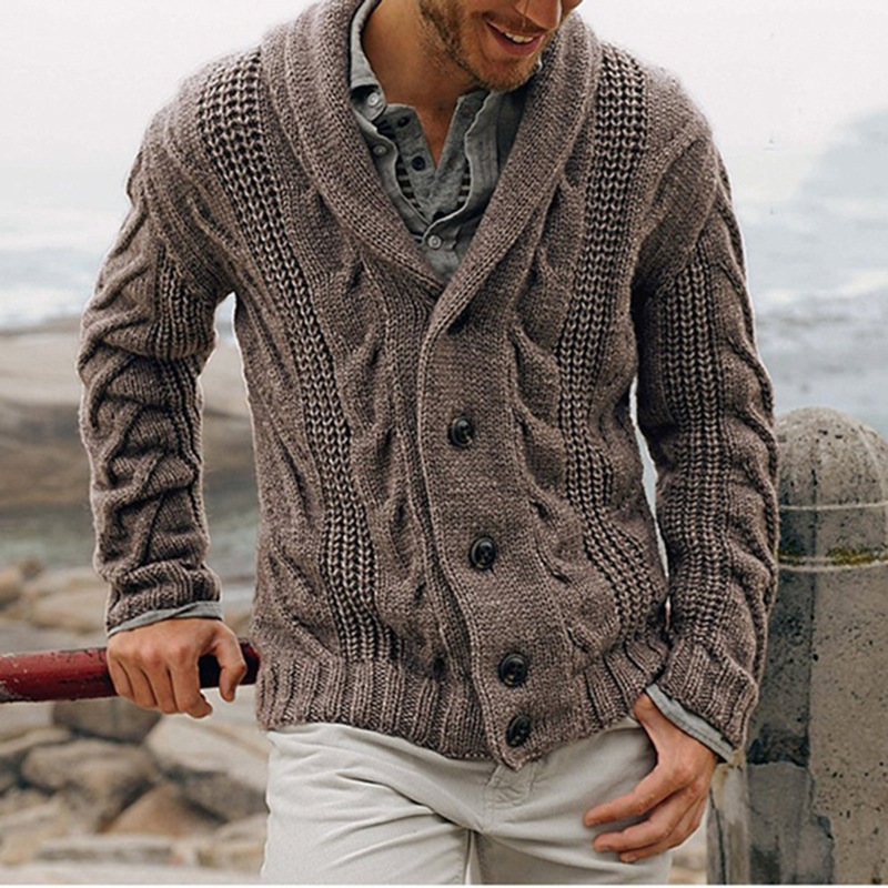 Men Solid Casual Cardigan Long Sleeve Single-Breasted Turndown Sweater