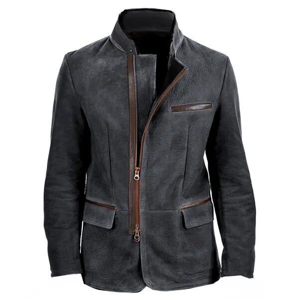 Autumn Winter Men's Solid Color Zip-Up Jacket with Flap Pockets Warm Casual Outerwear