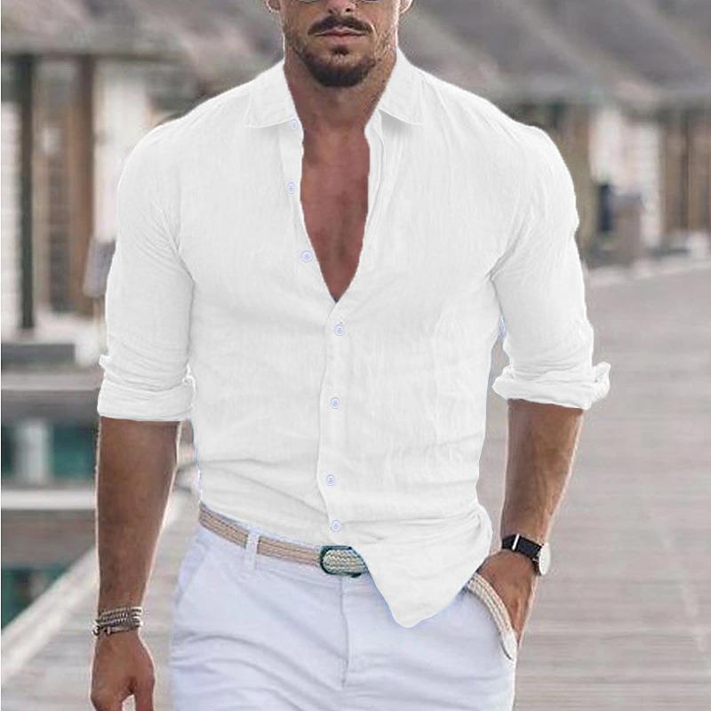 Men's Summer Cotton Linen Long Sleeve Shirt Casual Solid Color Beachwear Hawaiian Holiday Style