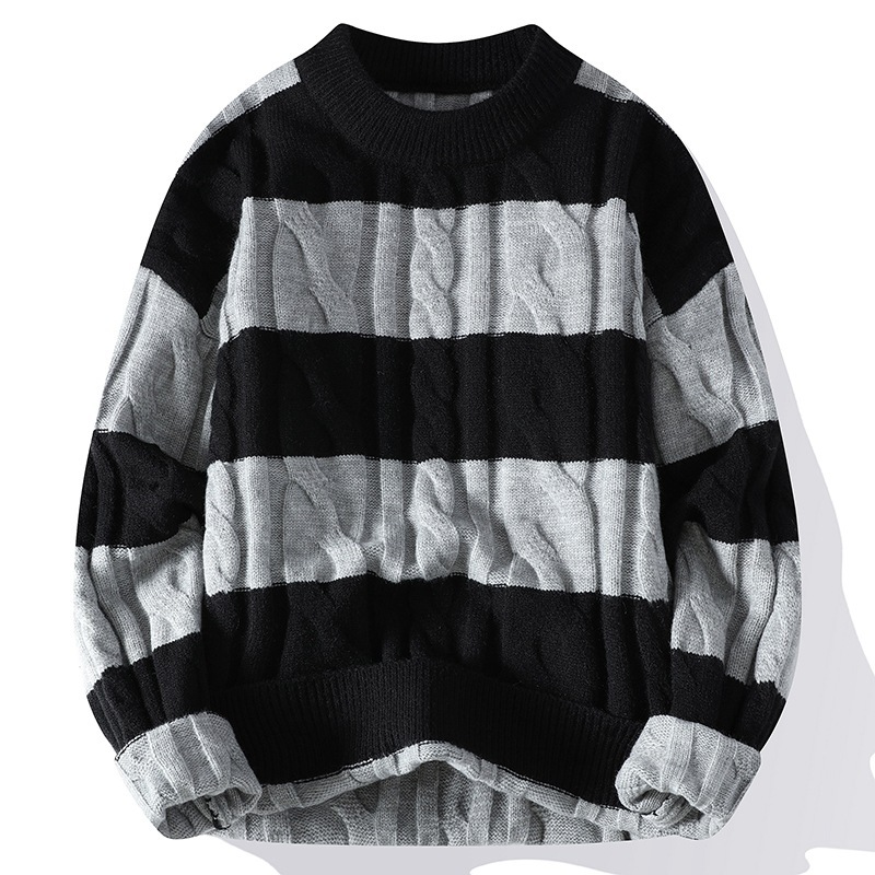 Men's Thick Striped Color-Block Sweater – Classic Crew Neck Pullover Knitwear, Warm and Casual American Street Style