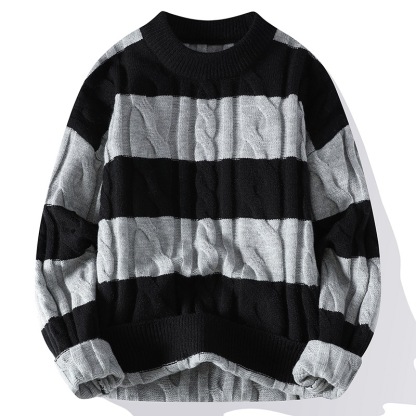 Men's Thick Striped Color-Block Sweater – Classic Crew Neck Pullover Knitwear, Warm and Casual American Street Style