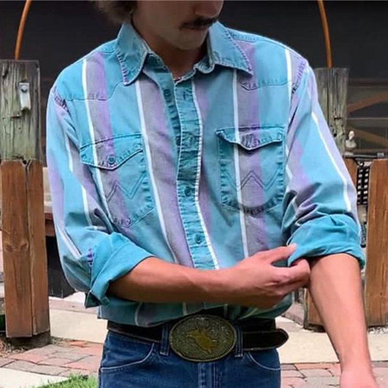 Men's Retro Color Block Stripe Printed Loose Long Sleeve Shirt 