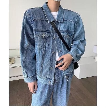 Men’s Light Blue Short Denim Jacket – Classic Straight Shoulder Fit, Washed Vintage Style for Fall Streetwear Look