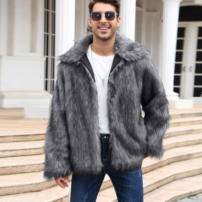 Men’s Short Faux Fur Jacket with Lapel Collar – Warm Plush Outerwear for Fall and Winter Street Style