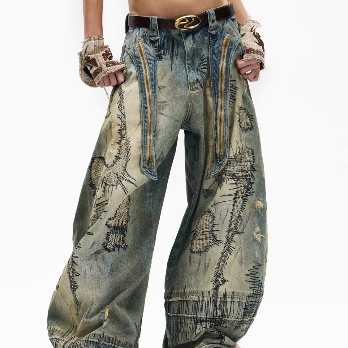 Unisex American Street Style Heavy-Stitch Jeans | Washed & Distressed Wide-Leg Denim | Grunge Techwear Blade Pants
